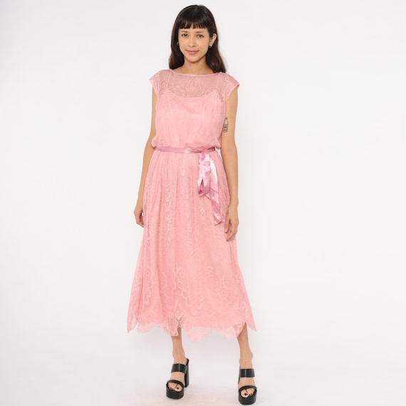 Rose Lace Midi Dress 80s Cap Sleeve Blouson Satin Ribbon Belt Scalloped Hem Sheer Illusion Neckline Pink Floral Net Overlay Vintage Small S