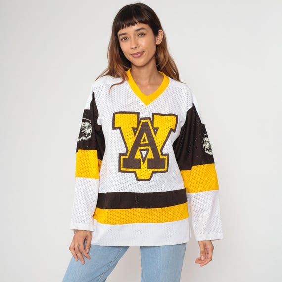 80s Hockey Jersey Eagle Logo Colorblock White Yellow Brown Mesh Athletic Sports Logo Vintage Streetwear Long Sleeve Team T-shirt Medium M