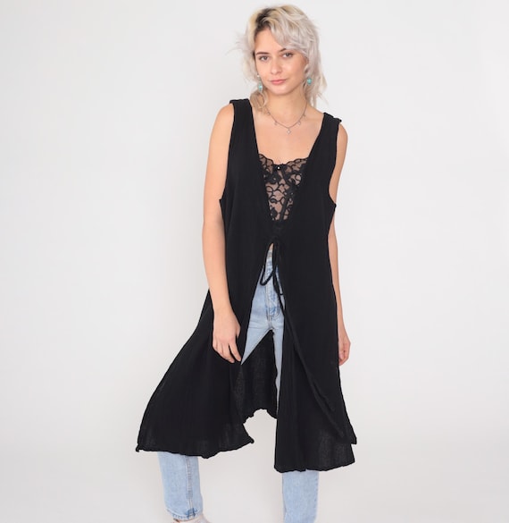 Black Vest Dress Y2K Long Duster Tie Front Sleeveless Cotton Vintage Tunic Beach Cover Festival Minimalist Side Slit Cecilia Nathal Large L