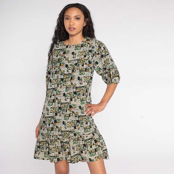 Floral Mini Dress Tent Dress Boho 80s Bohemian Calico Print Dress Vintage 1980s Retro Trapeze Puff Sleeve Dress Black Green Small S