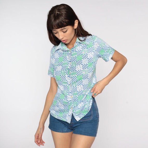70s Checkered Shirt Paisley Floral Button Up Plaid Preppy Dagger Collar Blouse Boho Patchwork 1970s Hippie Top Short Sleeve Vintage Small S