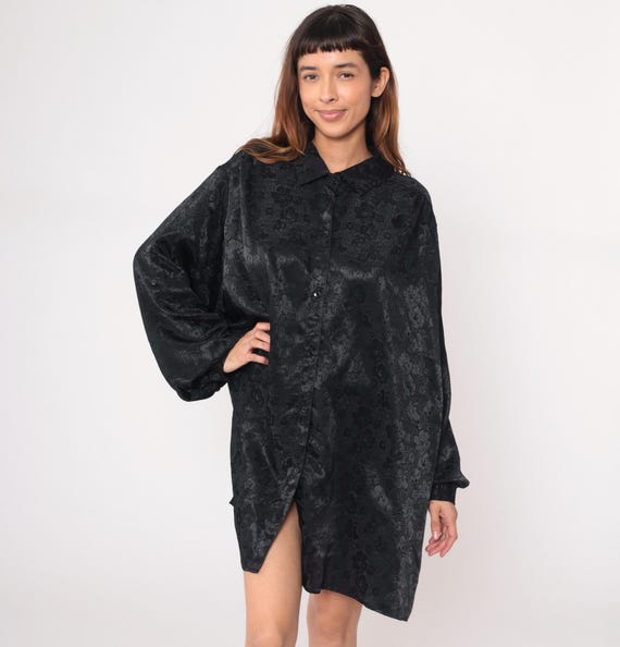 Black Lounge Shirt 90s Jacquard Print Button Front Long Sleeve Collared Knee Length Gothic Dark Nightie Gown Vintage Extra Extra Large XXL