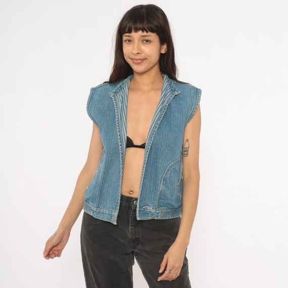 Jordache Denim Vest Reversible 90s Striped Jean Blue White Pinstripe Cotton Cap Sleeve Mandarin Collar Stud Detail Vintage Western Small S