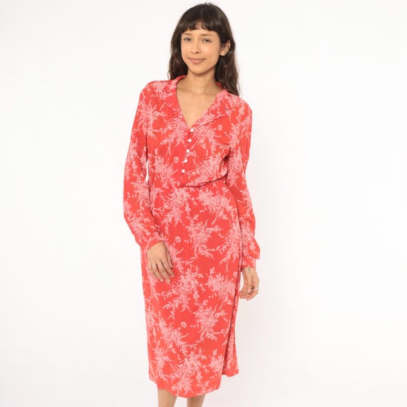 Coral Floral Dress 70s Button Front Collared Rose Print Red Pink Prairie Cottagecore Belted Waist Spring Blouson Vintage Womens Medium M