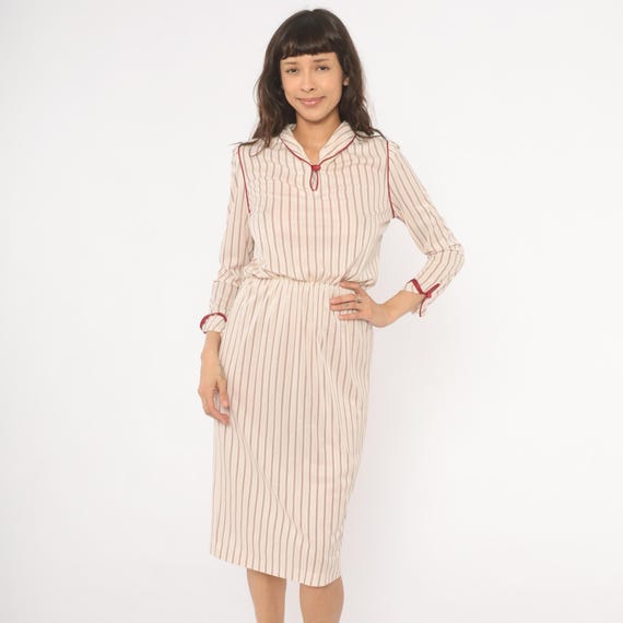 80s Striped Blouson Dress Cream Burgundy Pinstripe Keyhole Neckline Long Sleeve Knee Length Piping Detail  Wine Office Shirtdress Small S