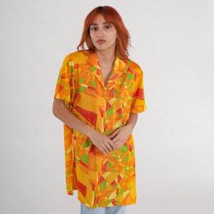 Mosaic Button Up Shirt 90s Yellow Geometric Print Blouse Button Up Shirt Short Sleeve 1990s Tropical Longline Orange Vintage Extra Large xl image 4