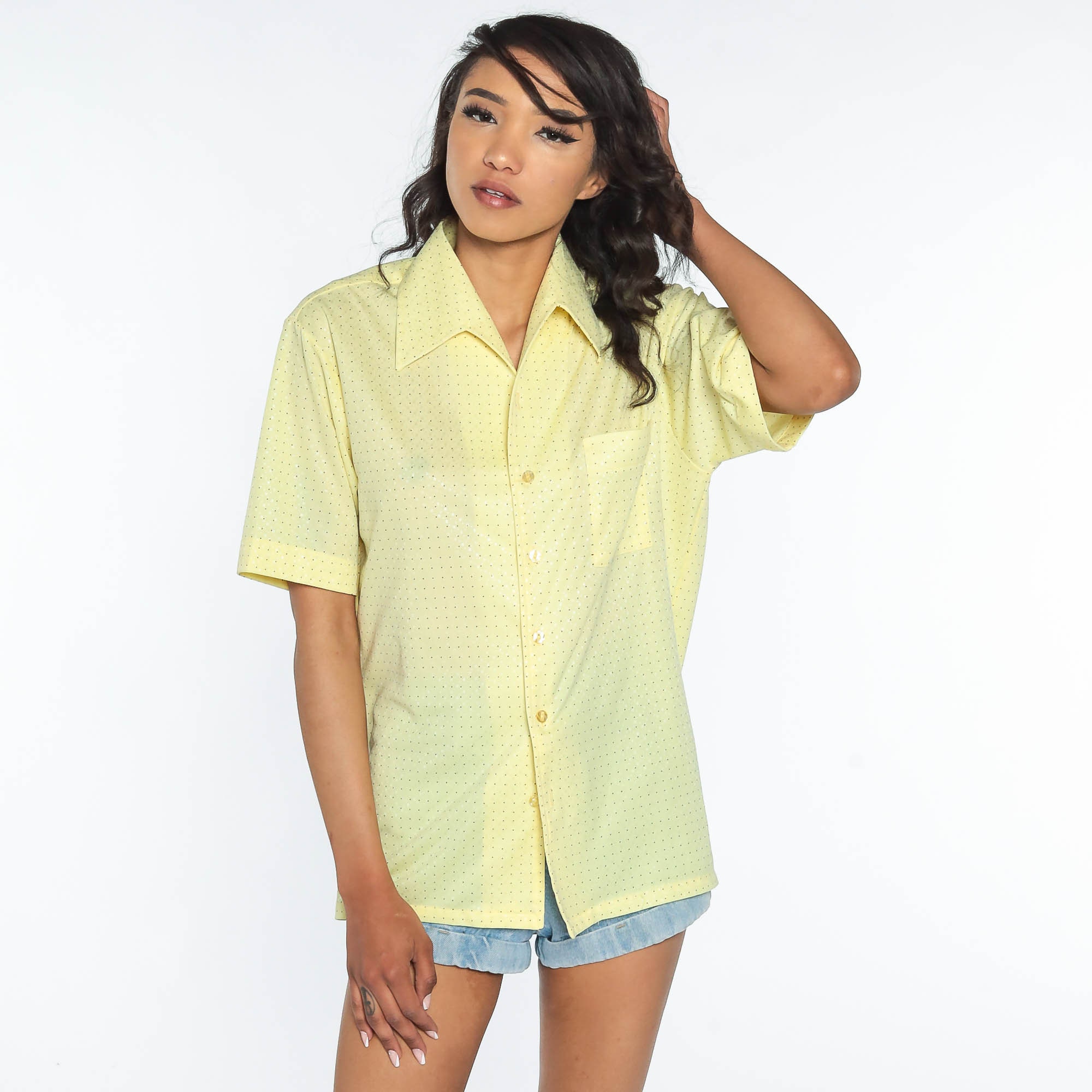Polka Dot Shirt 70s Top Button Up Shirt Yellow Shirt Boho Disco 1970s ...