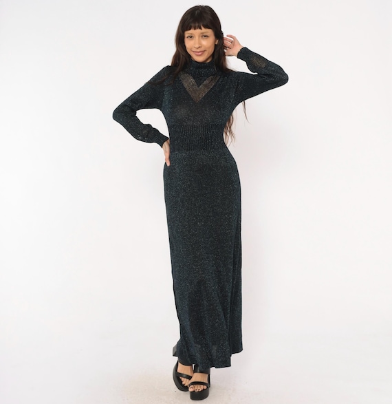 70s Lurex Knit Maxi Dress Wenjilli Navy Metallic Shimmer Mesh V Chevron Panel Bishop Sleeve Ribbed Dark Blue Sparkle Gown Vintage Small S