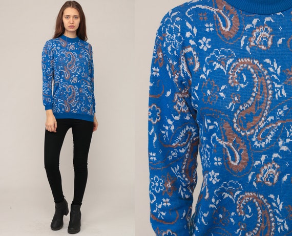 Paisley Sweater 70s Bohemian Graphic Print Slouchy 1970s Sweater Hippie Boho Pullover Vintage Hipster Retro Blue Small
