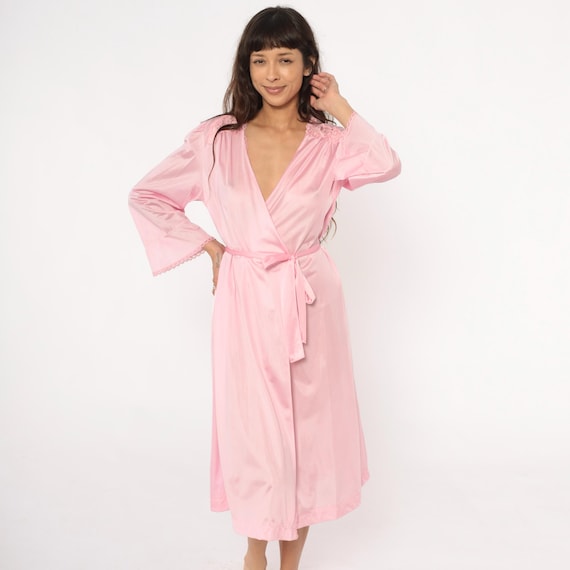Pink Lace Robe 70s Wrap Tie Front Vintage Coquette Fairycore Romantic Lingerie Bridal Nightgown Dressing Gown Loungewear Sleepwear Medium M