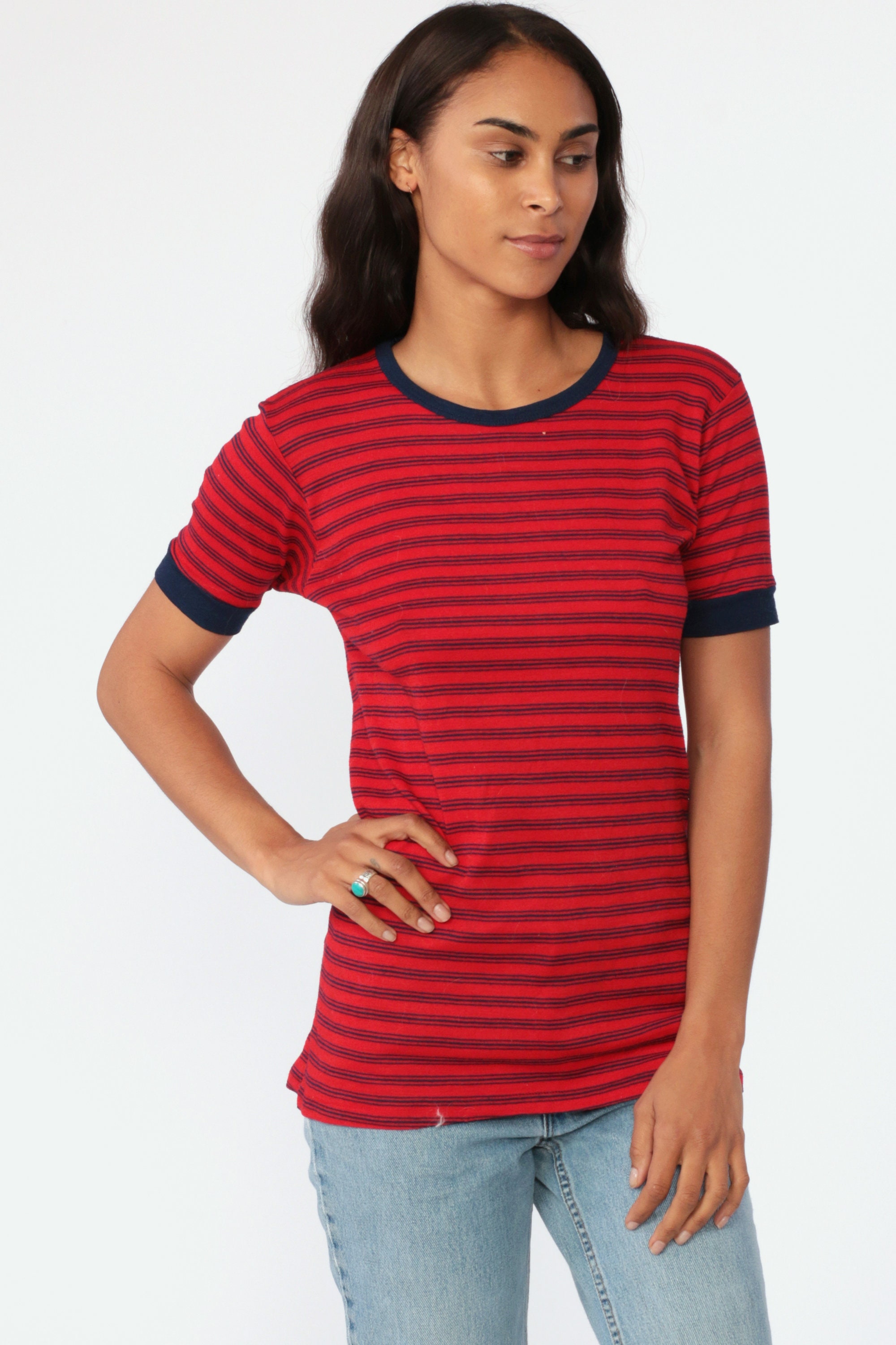 Ringer Shirt 80s Red Striped Tee Shirt Retro Tshirt Wool Blend Vintage T Shirt Navy Blue Short 