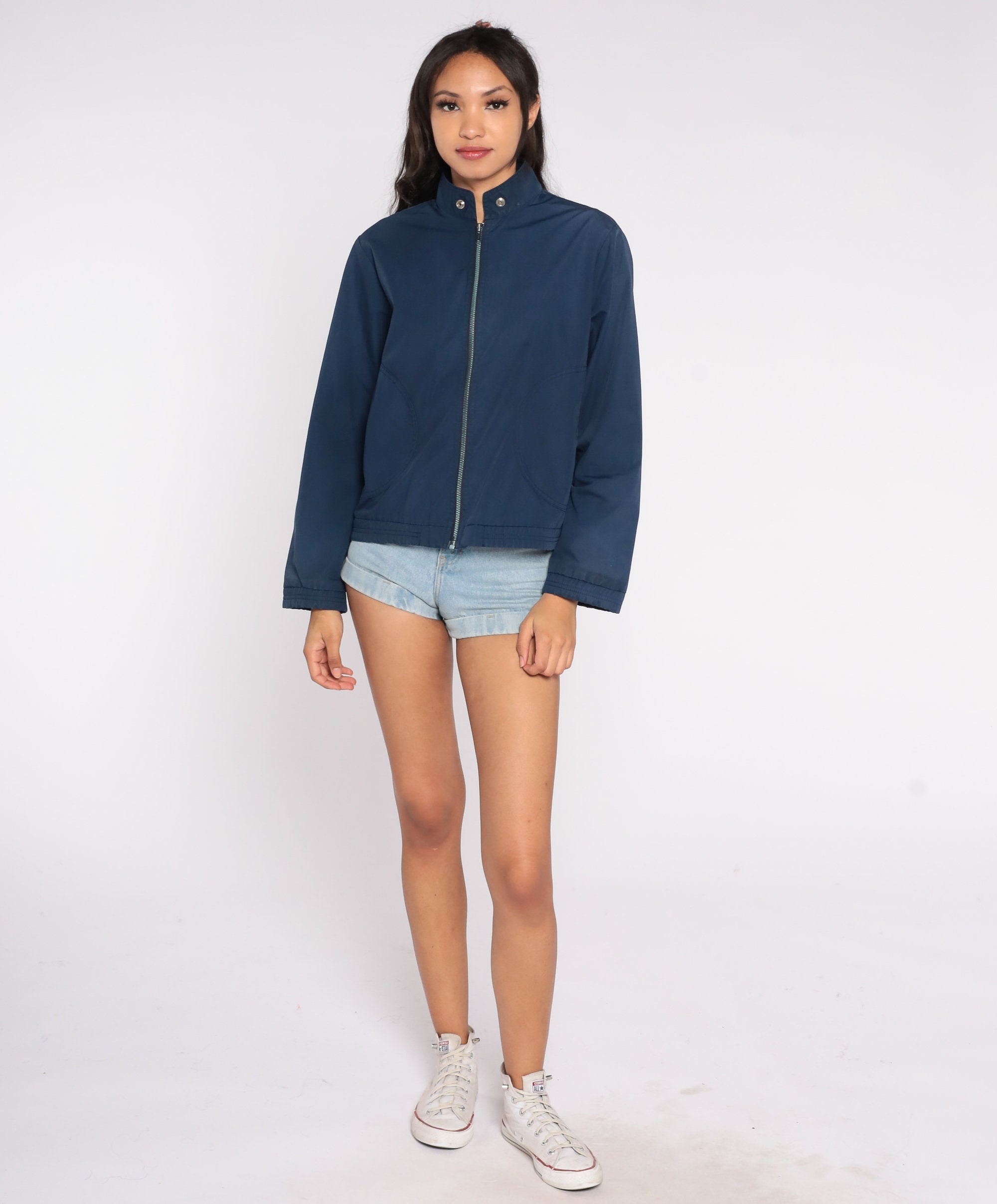 Navy Blue Windbreaker 80s Zip Up Jacket Plain Retro Work Wear Simple