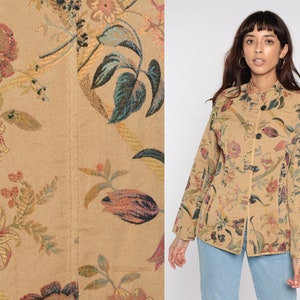 Floral Tapestry Jacket Tan Boho Y2K Hippie Garden Shirt Bohemian Toggle Button Up Mandarin Collar Retro Light Jacket Extra Small XS image 1