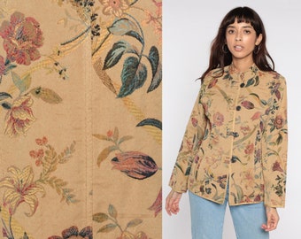 Floral Tapestry Jacket Tan Boho Y2K Hippie Garden Shirt Boho Toggle Button Up Mandarijn Kraag Retro Lichte Jas Extra Kleine XS