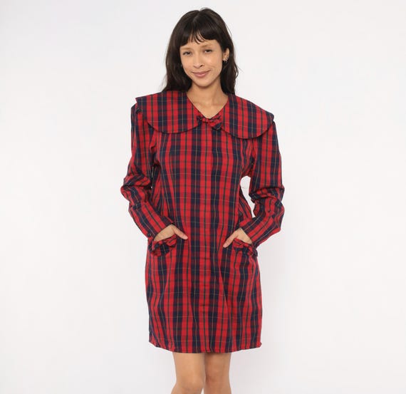 80s Plaid Bow Dress Red Navy Tartan Check Peter Pan Collar Long Sleeve Preppy Collegiate Academic Crimson Shift Sharon Young Vintage Large L