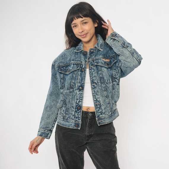 Acid Wash Denim Jacket 90s Blue Stone Wash Cropped Trucker Jean Jacket Cotton Long Sleeve Grunge Distressed Alt Vintage Women Small S