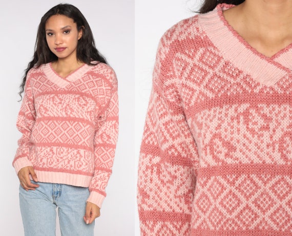 Striped Geometric Sweater 80s Pink V Neck Pullover Sweater Pastel Slouch Statement Knit 1980s Vintage Knitwear Large L