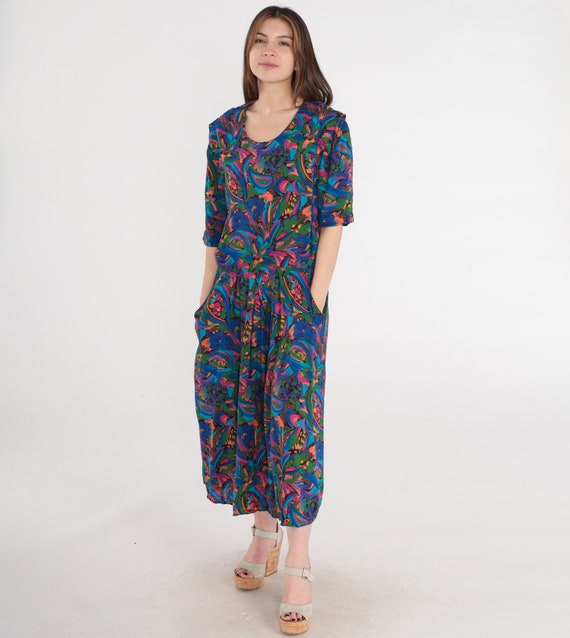 Floral Paisley Dress 80s Watercolor Print Dress Bright Blue Pink Boho Midi Pleated Drop Waist 1980s Bohemian Rayon Short Sleeve Large L