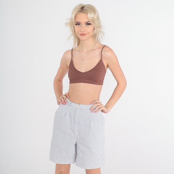 Striped Shorts 90s Pinstripe Trouser Shorts White Grey Retro High Waisted Rise Preppy Pleated Relaxed Wide Leg Shorts Vintage 1990s Small 27