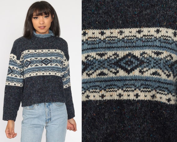 Flecked Blue Geometric Sweater 80s Mock Neck Sweater Print Knit Jumper 90s Hipster Vintage Pullover Large L