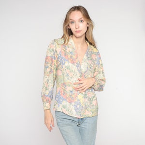 Floral Silk Blouse 80s Boho Shirt V Neck Wrap Top Double Breasted Button Up Long Sleeve Romantic Hippie Pastel Vintage 1980s Small S 6 image 3