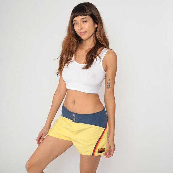 80s Rainbow Stripe Shorts Hang Ten Yellow Athletic Swim Waistband Vintage Beach Surf Sporty Summer Casual Activewear Bright Color Large L