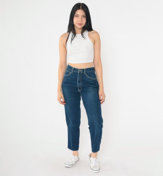 Vintage 80s Ankle Jeans Dark Wash Cropped Straight Leg High Waisted Retro Denim Pants Streetwear 1980s Creased Small S