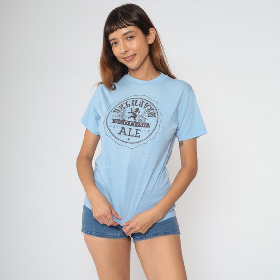 Belhaven Scottish Ale Shirt 80s Beer Shirt Baby Blue Tee Retro Tshirt 1980s Vintage Graphic Print T Shirt Bar Alcohol Hanes Small S