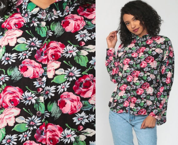 90s Button Up Shirt Floral Blouse Black Pink Print Long Sleeve Top Boho 1980s Vintage Bohemian Summer Flower Print Shirt Large