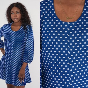 Polka Dot Jurk jaren '70 Mod Mini Jurk Blauw Wit Print Shift jaren '60 Minijurk Gogo Lange Mouw Scoop Neck Go Go Seventies Vintage Jaren 1970 Grote L