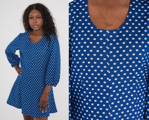 Polka Dot Dress 70s Mod Mini Dress Blue White Print Shift 60s Minidress Gogo Long Sleeve Scoop Neck Go Go Seventies Vintage 1970s Large L