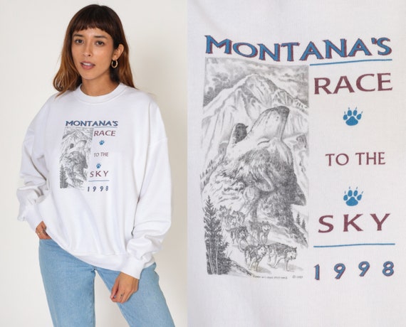 1998 Montana's Race to the Sky Sweatshirt 90s Dogsled Race Shirt Husky Sled Graphic Sweater Musher Racing White Vintage 1990s Extra Large xl