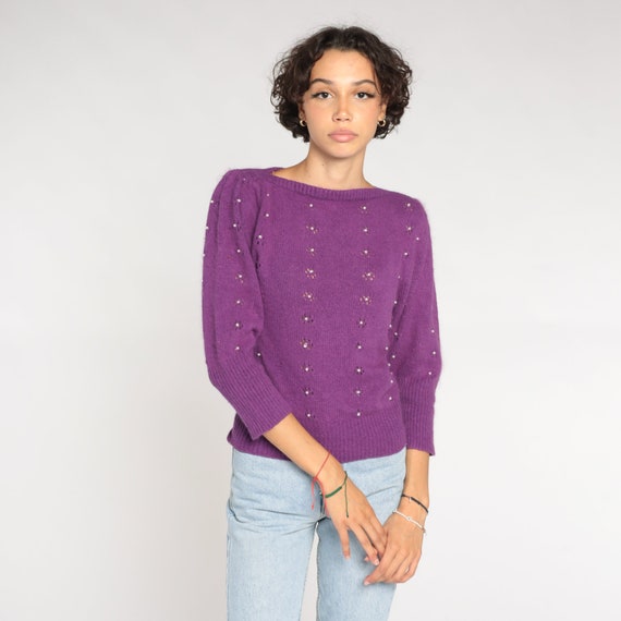 Purple Knit Sweater 80s Puff Sleeve Sweater Pearl Beaded Cutout Silk Angora Wool Blend Pullover Jumper Cut Out Retro Vintage 1980s Small S