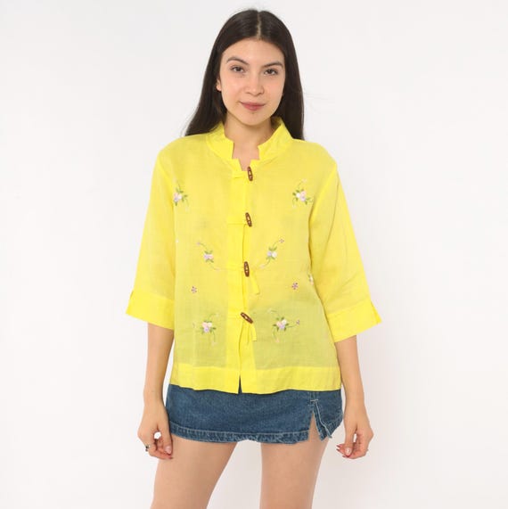 Embroidered Floral Blouse 80s Yellow Cotton Mandarin Collar Chinese Knot Button Sheer Top Lemon Three Quarter Sleeve Flower Shirt Medium M