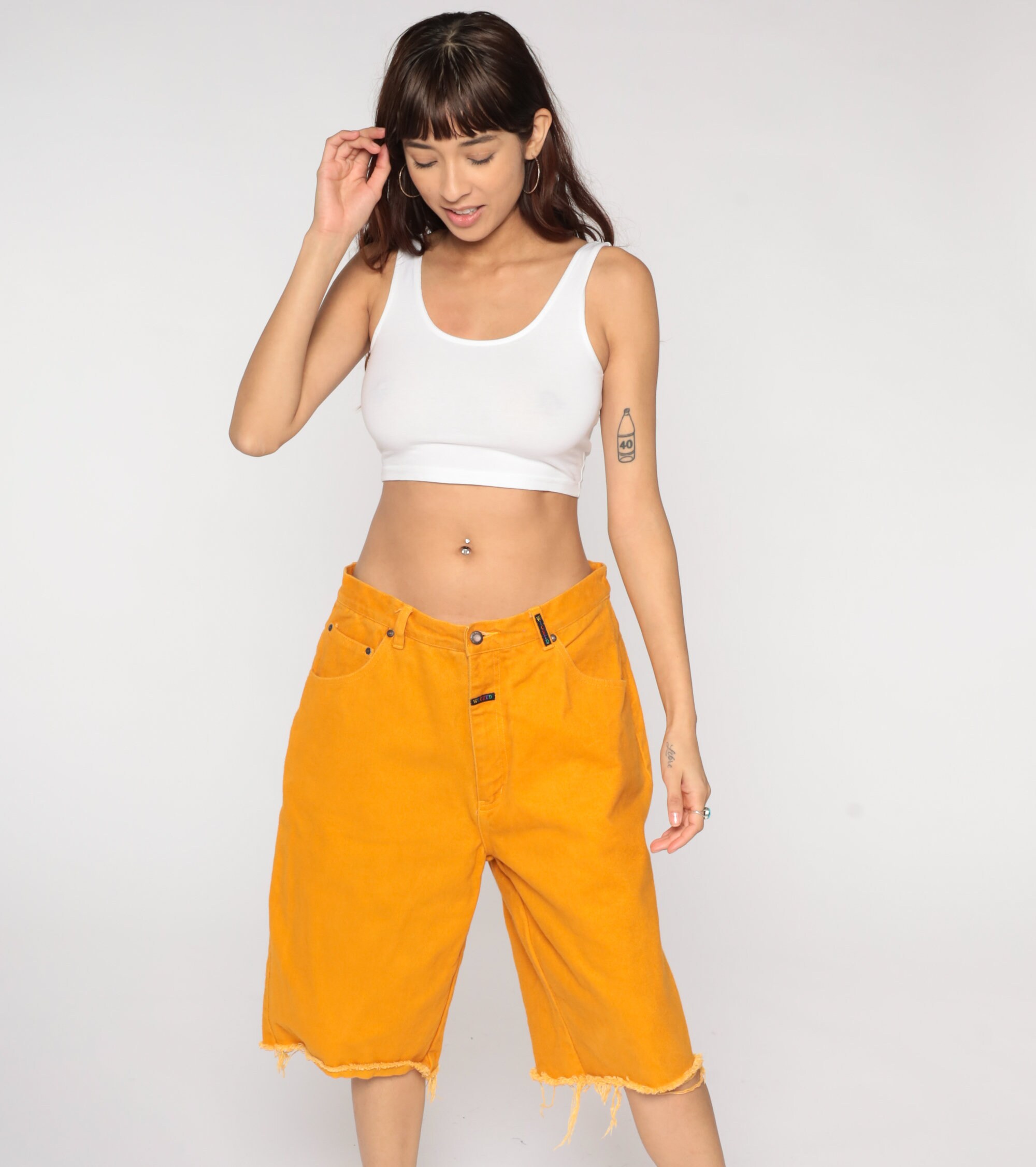 Orange Denim Shorts 90s Wicked High Waisted Shorts Grunge Raw Edge Jean