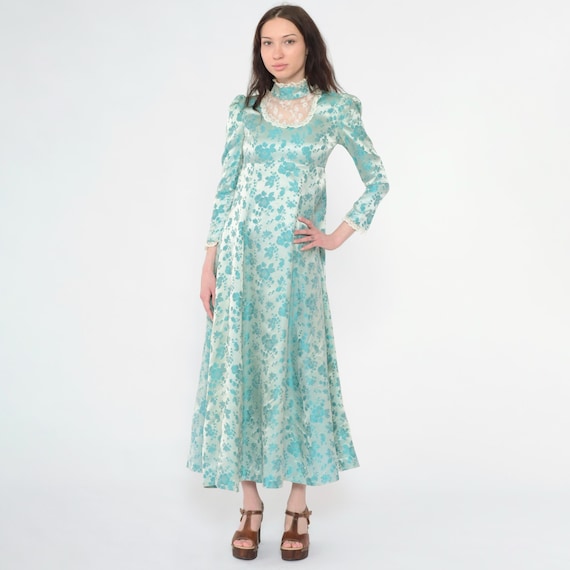 Vintage Blue Floral Damask Dress 60s 70s Victorian Formal Lace High Neck Long Sleeve Satin Jacquard Gown 1970s Evening Maxi Extra Small xs