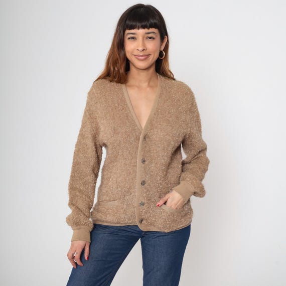 Boucle Cardigan 80s Vintage Camel Beige Knit Sweater Button Front V Neck Ribbed Trim Slouchy Textured Chunky Cozy Grandpacore Large L