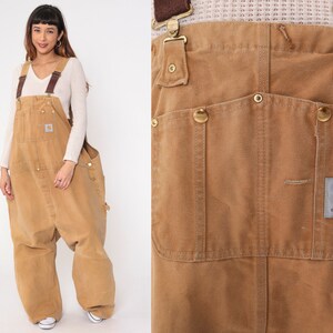 90s Carhartt Overalls Tan Plus Size Coveralls Cargo Dungarees Work Jumpsuit Pants Utility Vintage 1990s USA Made Men's 4x 4xl image 1