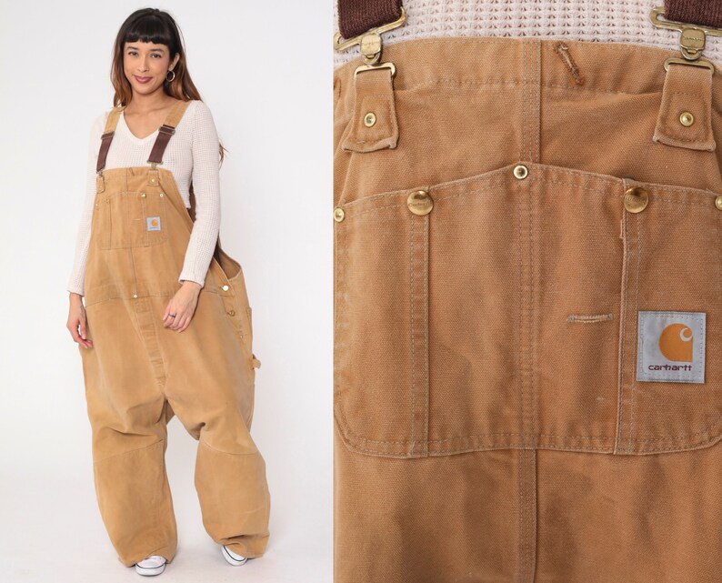 90s Carhartt Overalls Tan Plus Size Coveralls Cargo Dungarees Work Jumpsuit Pants Utility Vintage 1990s USA Made Men's 4x 4xl image 1