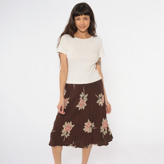 90s Brown Floral Dress Colorblock Midi Cream White Ribbed Knit Top Rose Cottagecore Minimalist Short Sleeve Grunge Alt Vintage Medium M