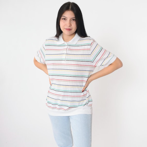 Vintage Striped Polo Shirt 80s White Multicolor Collared Scalloped Edge Quarter Button Up Banded Hem Top Slouchy Short Sleeve 1980s Medium
