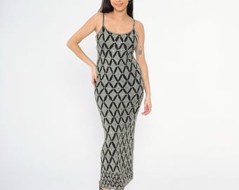 Y2k Papell Boutique Evening Dress Black Silk Silver Beaded Sequin Gown Vintage Spaghetti Strap Maxi Party 00s Cocktail Geometric Small 4