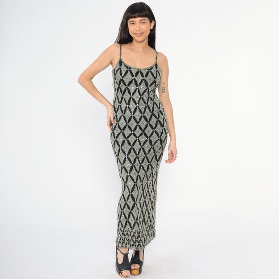 Y2k Papell Boutique Evening Dress Black Silk Silver Beaded Sequin Gown Vintage Spaghetti Strap Maxi Party 00s Cocktail Geometric Small 4