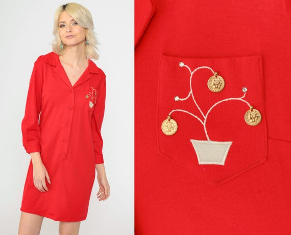 Vintage Red Shift Dress Embroidered Money Tree Pocket Gold Coin & Rhinestone 70s 80s Button Up Mini 3/4 Sleeve 1970s Shirtdress Small Medium