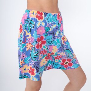 Tropical Floral Shorts 90s Wide Leg Shorts High Waisted Retro Flower Leaf Print Baggy Relaxed Boho Purple Blue Vintage 1990s Medium Large