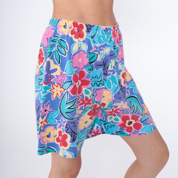 Tropical Floral Shorts 90s Wide Leg Shorts High Waisted Retro Flower Leaf Print Baggy Relaxed Boho Purple Blue Vintage 1990s Medium Large