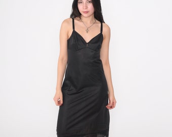 Black Slip Dress 80s Nightgown Lingerie Midi Dress Nylon Empire Waist Adjustable Spaghetti Strap Basic Plain Simple Vintage 1980s Small S 34