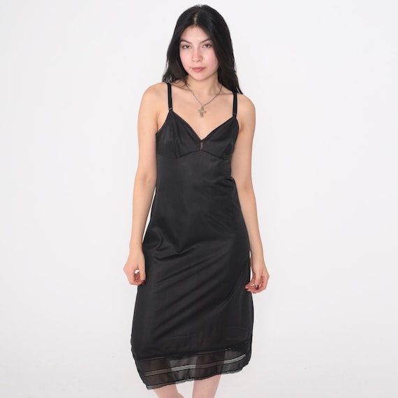 Black Slip Dress 80s Nightgown Lingerie Midi Dress Nylon Empire Waist Adjustable Spaghetti Strap Basic Plain Simple Vintage 1980s Small S 34