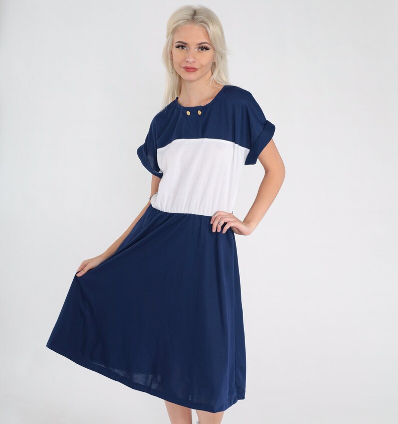 80s Nautical Dress Anchor Button Color Block Navy Blue Day Dress White Midi Sailor Short Sleeve High Waist Vintage 1980s Slouch Medium Large image 4