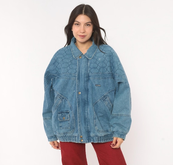 Quilted Denim Bomber Sherpa Lined Jean Jacket 90s Snap Front Cotton Blue Coat Fleece Winter Workwear Vintage Relaxed Fit Unisex Large L